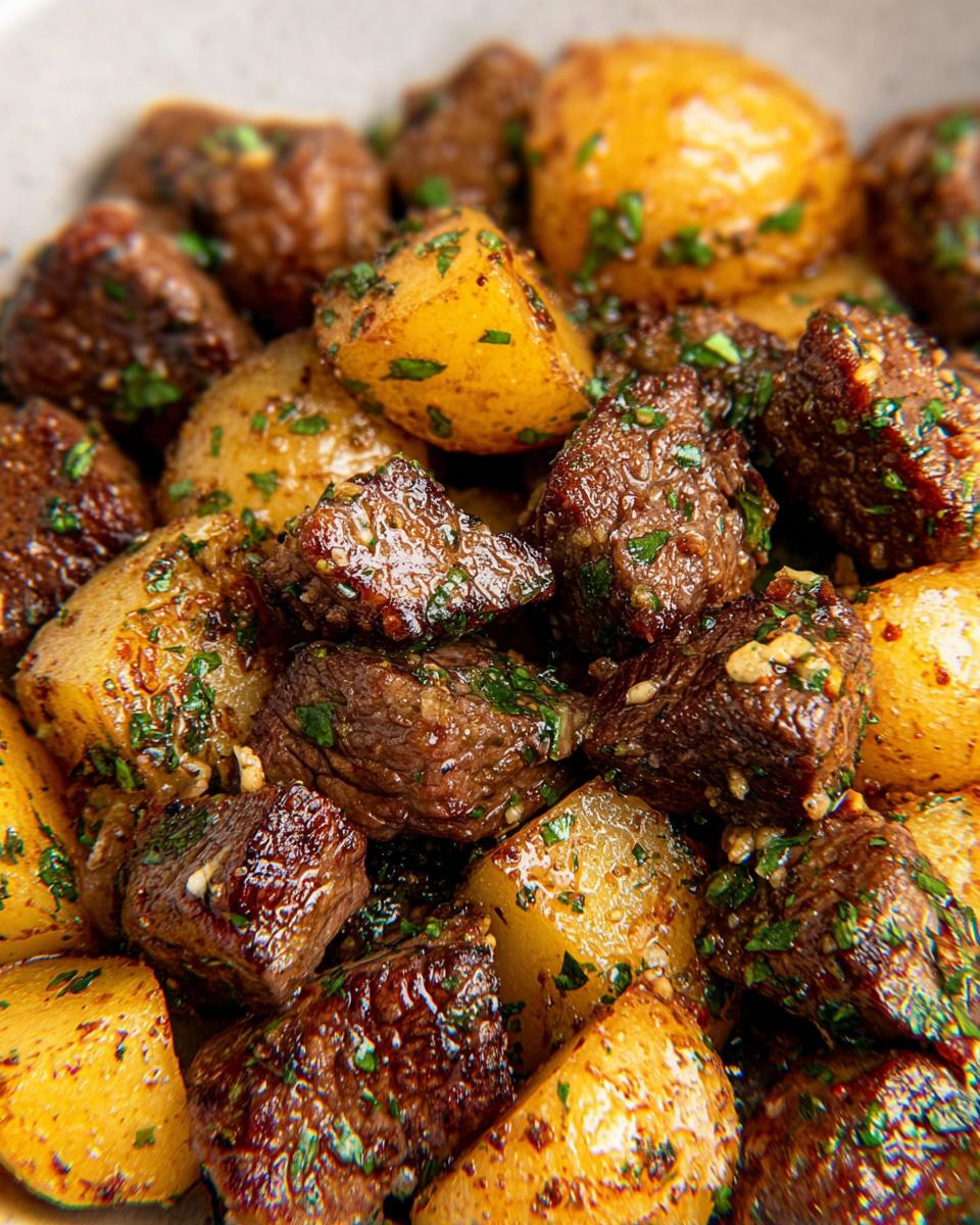 Close-up of tender Garlic Butter Steak Bites with golden roasted potatoes, coated in a rich sauce and fresh parsley.