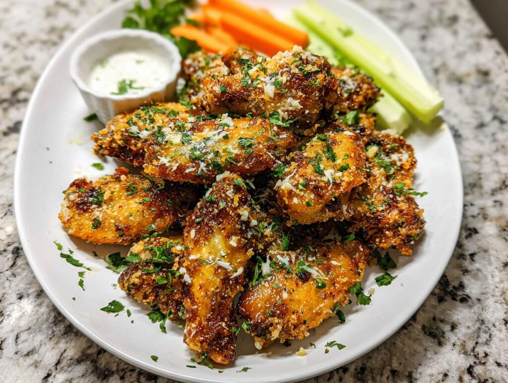 A plate piled high with crispy Garlic Herb Buttermilk Baked Wings, topped with Parmesan and parsley, served with dip and vegetables.