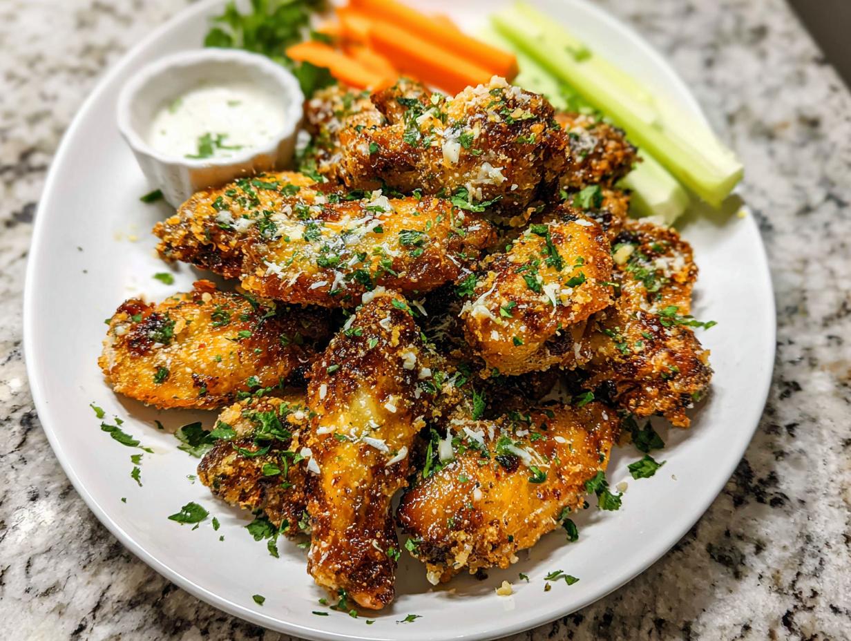 A plate piled high with crispy Garlic Herb Buttermilk Baked Wings, topped with Parmesan and parsley, served with dip and vegetables.
