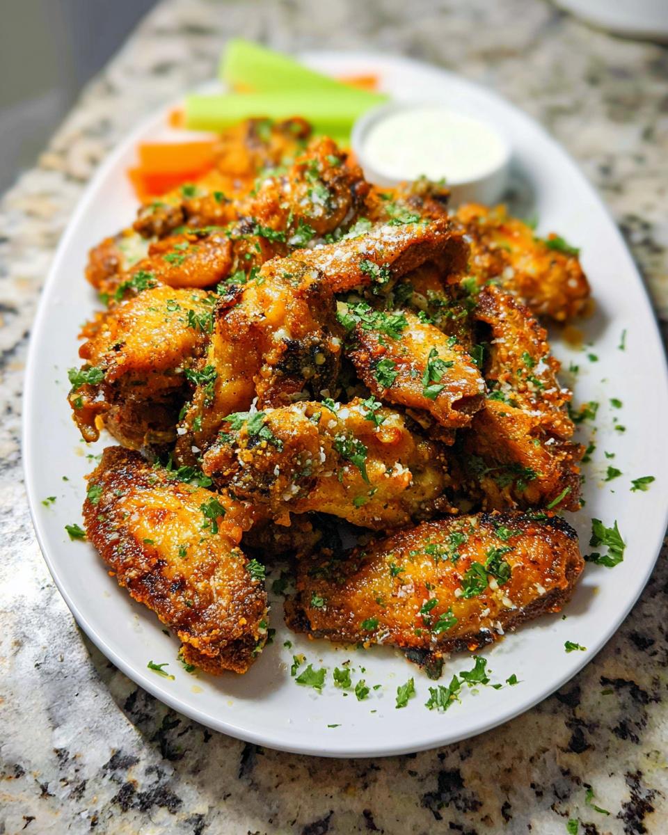A platter piled high with crispy Garlic Herb Buttermilk Baked Wings, topped with Parmesan and parsley.