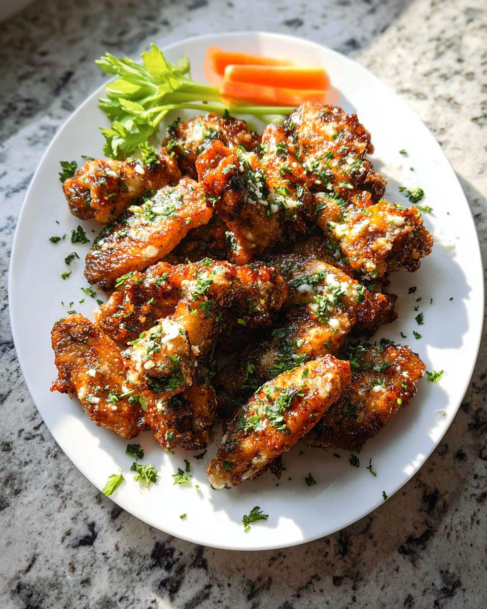 A platter of crispy Garlic Herb Buttermilk Baked Wings topped with fresh parsley and served with celery and carrots.