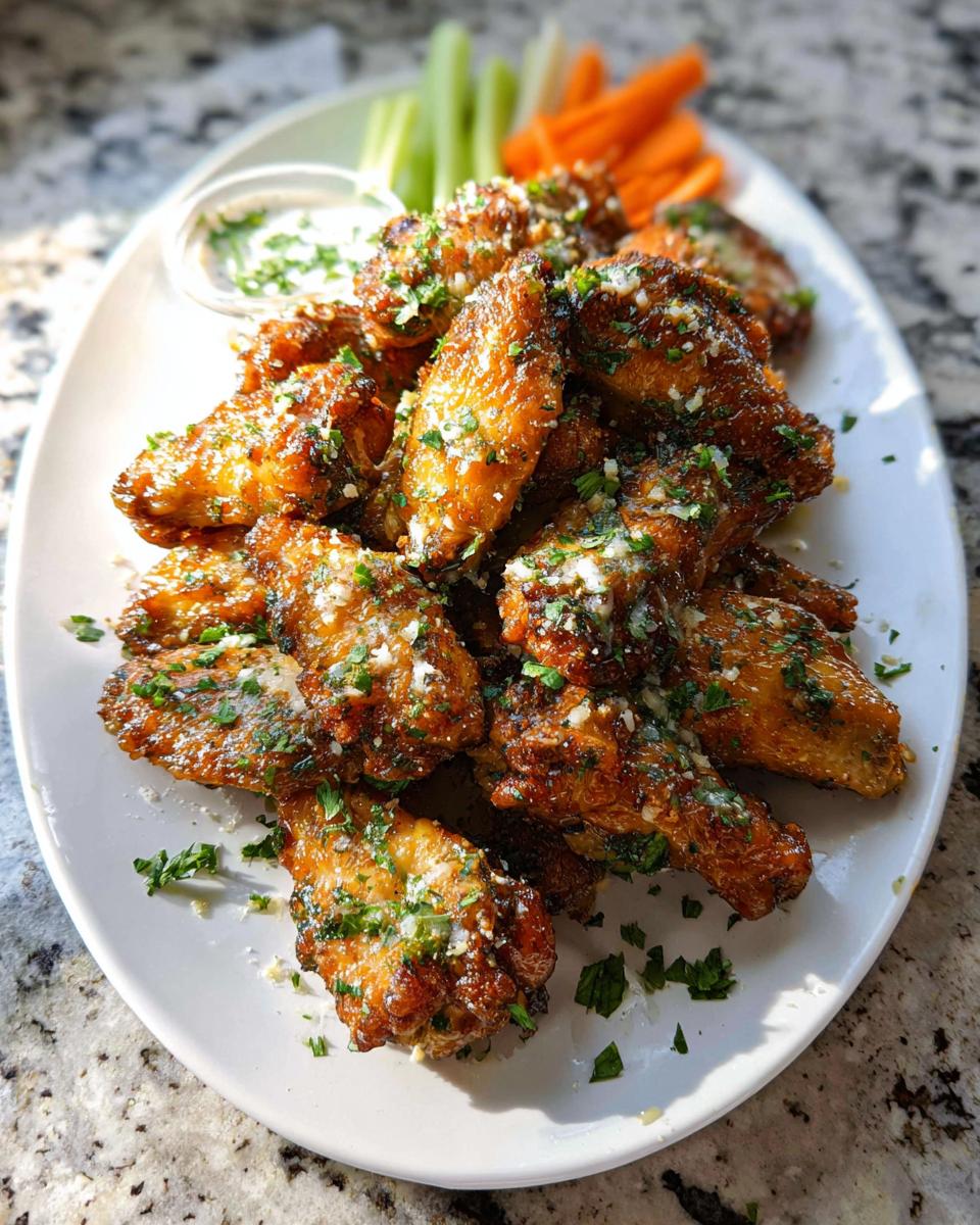 A platter of golden brown Garlic Herb Buttermilk Baked Wings topped with fresh parsley and Parmesan.
