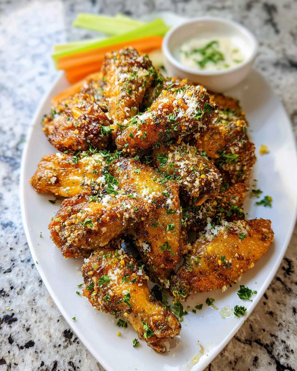 A platter piled high with crispy Garlic Herb Buttermilk Baked Wings, topped with Parmesan and parsley.