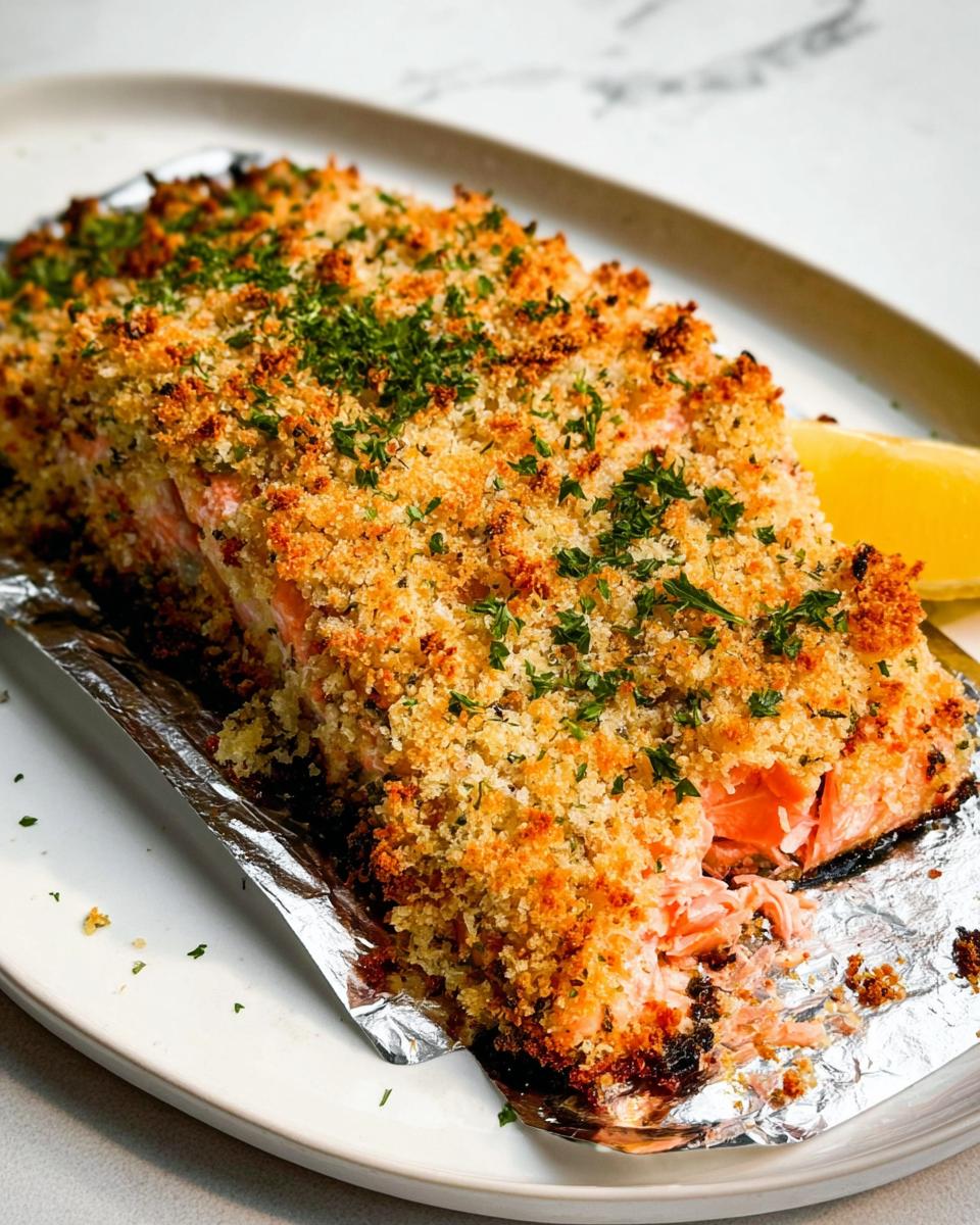 A perfectly baked fillet of Garlic Herb Panko Crusted Salmon, golden brown and flaky, served with a lemon wedge.