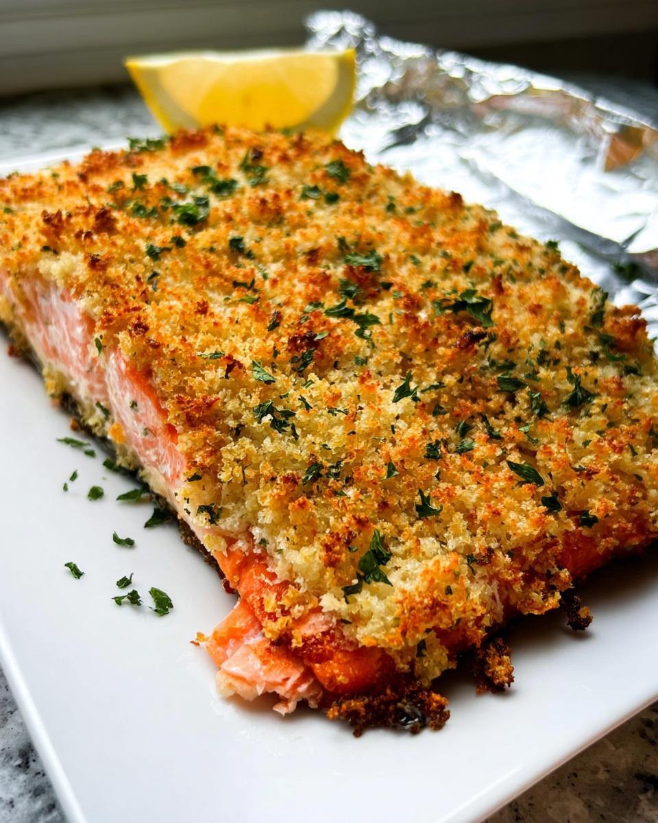 Close-up of a flaky, baked salmon fillet topped with golden Garlic Herb Panko Crusted Salmon and fresh parsley.