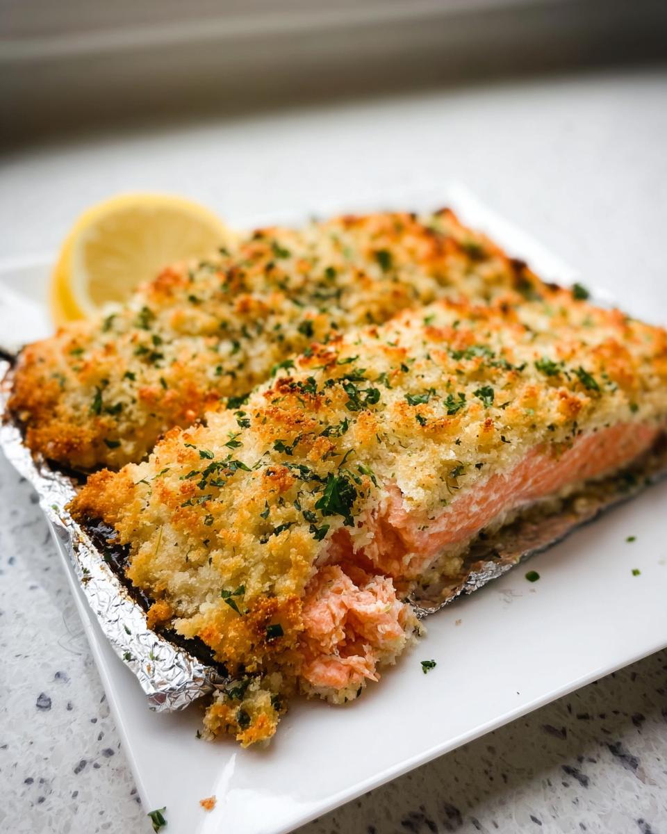 Two flaky salmon fillets topped with golden Garlic Herb Panko Crusted Salmon, served with a lemon wedge.