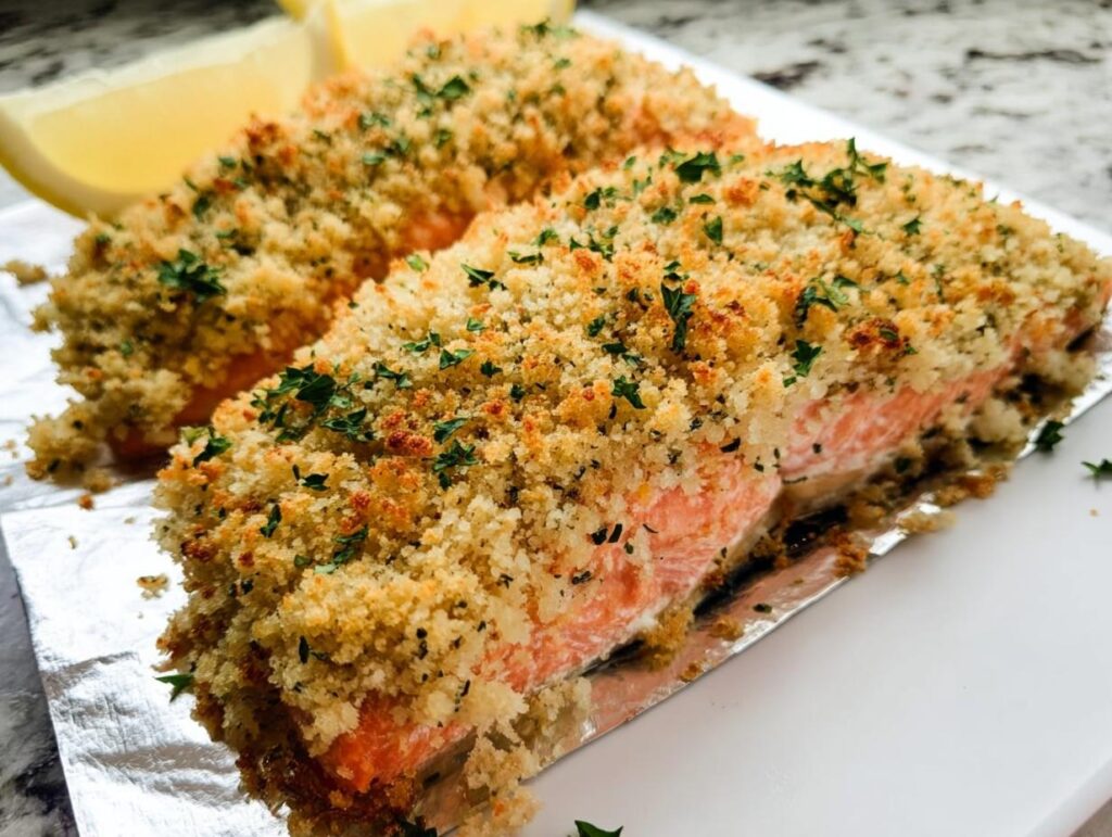 Two baked salmon fillets topped with a thick, golden Garlic Herb Panko Crusted Salmon topping and fresh parsley.