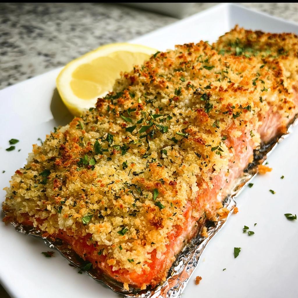 A perfectly baked fillet of Garlic Herb Panko Crusted Salmon served with a lemon wedge.