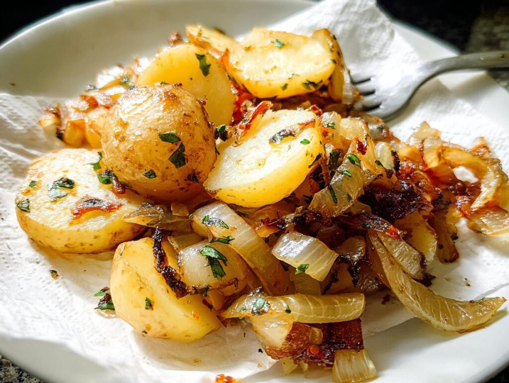 Close-up of golden Garlic Herb Skillet Fried Potatoes and Onions garnished with parsley on a white plate.