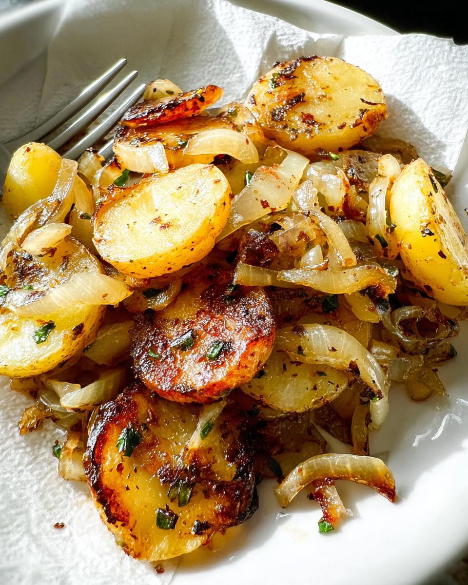 Close-up of golden brown Garlic Herb Skillet Fried Potatoes and Onions served on a white plate.