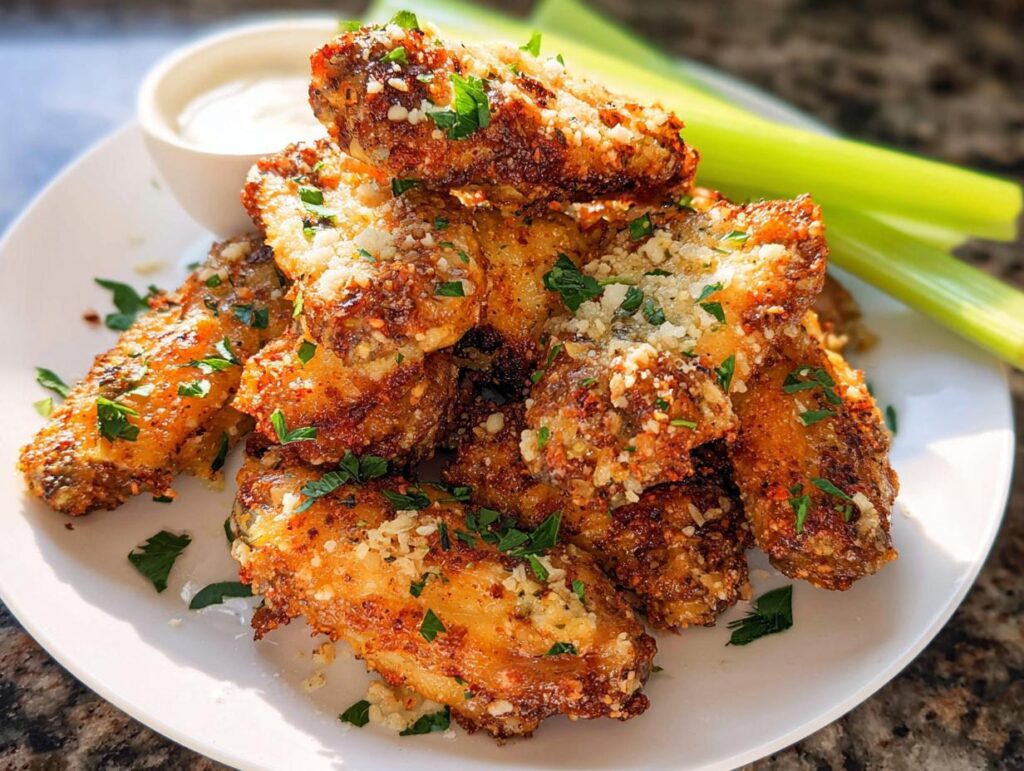 A pile of crispy Garlic Parmesan Air Fryer Chicken Wings topped with grated cheese and parsley.