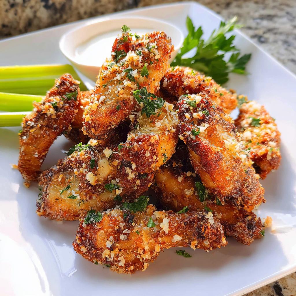 A pile of crispy Garlic Parmesan Air Fryer Chicken Wings sprinkled with cheese and parsley, served with ranch.