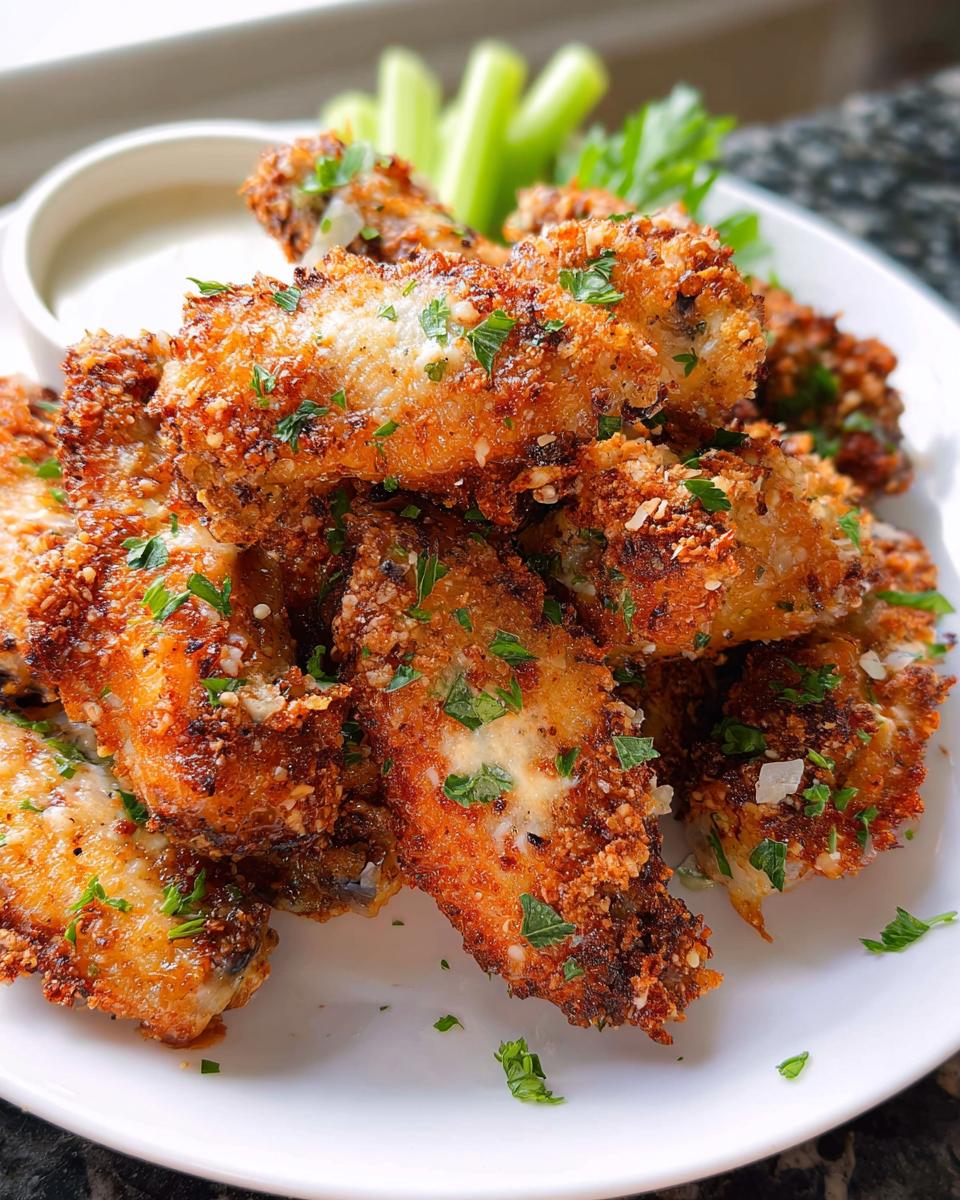 A close-up of crispy Garlic Parmesan Air Fryer Chicken Wings piled on a white plate with a side of ranch.