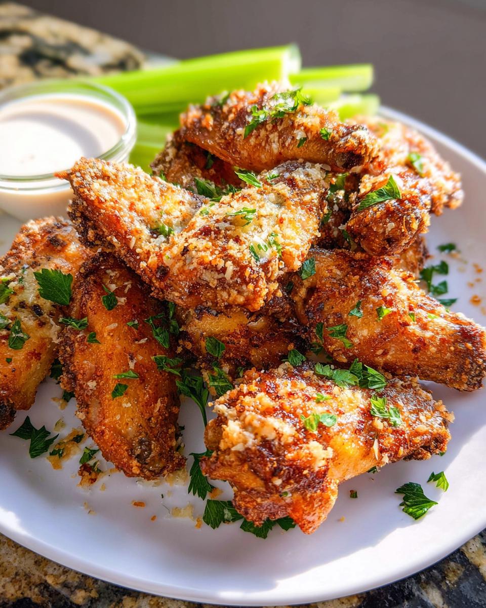 A pile of crispy Garlic Parmesan Air Fryer Chicken Wings topped with grated cheese and parsley, served with ranch dip and celery sticks.