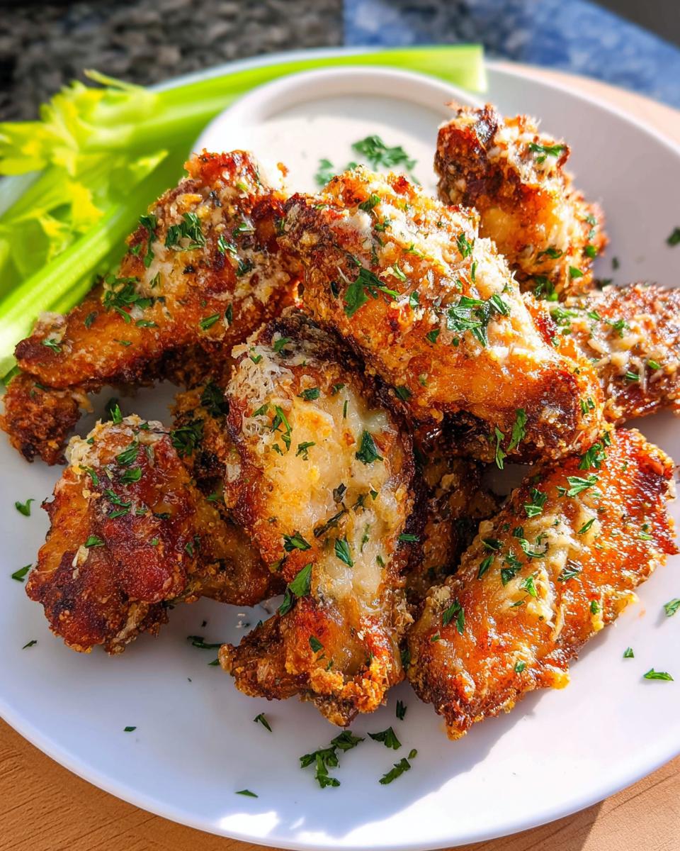 A plate of crispy, golden brown Garlic Parmesan Air Fryer Chicken Wings topped with grated cheese and parsley.