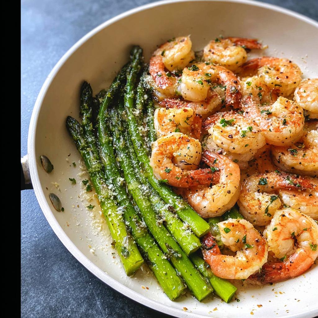 Close-up of perfectly cooked Garlic Shrimp and Asparagus Skillet garnished with herbs and cheese in a white pan.