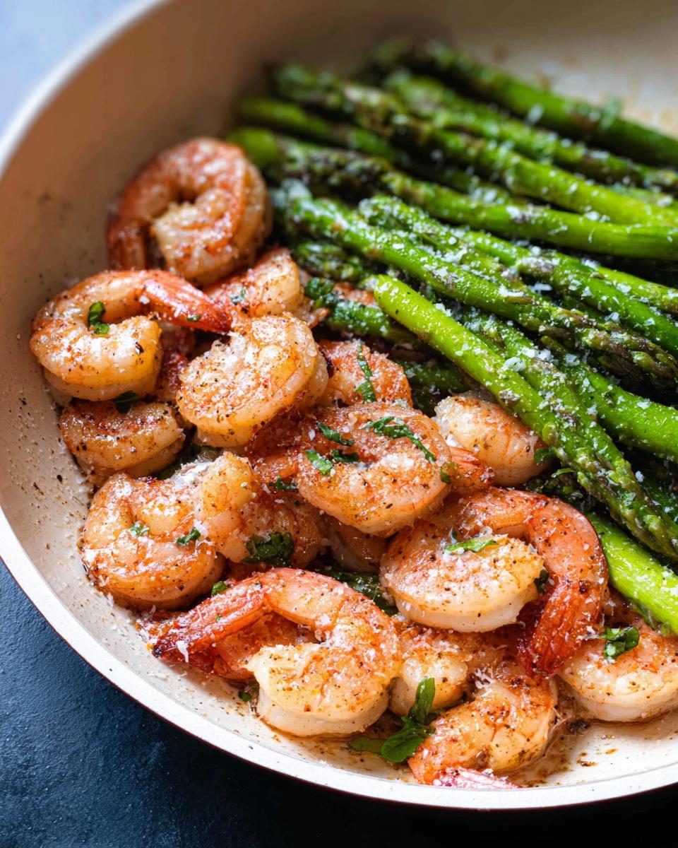 Close-up of juicy Garlic Shrimp and Asparagus Skillet, seasoned with herbs and cheese.