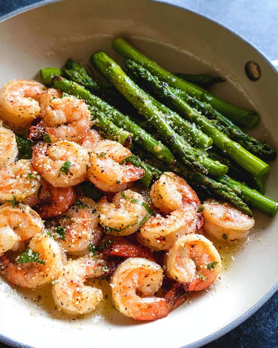 Close-up of Garlic Shrimp and Asparagus Skillet, cooked in a light-colored pan and topped with cheese and herbs.