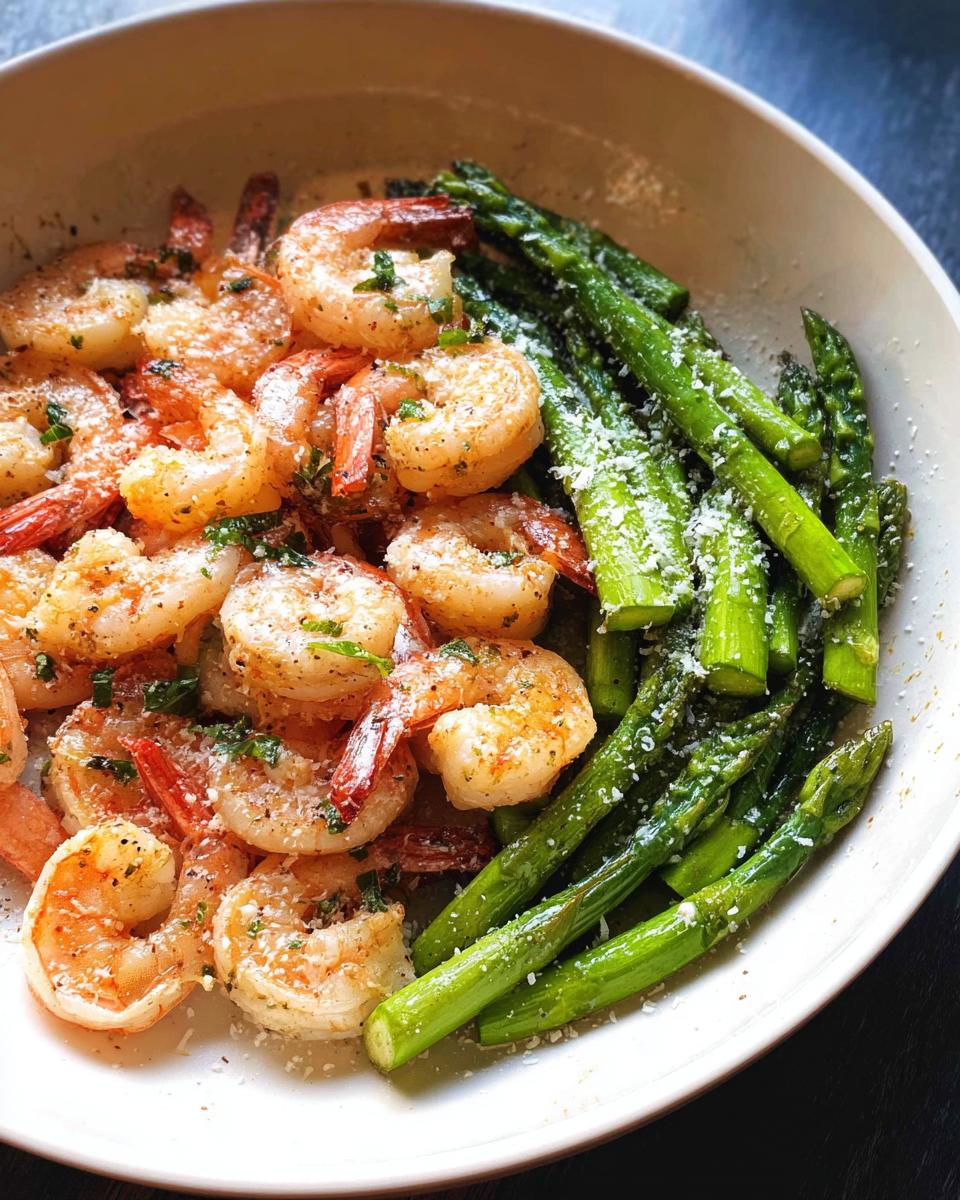 Close-up of cooked shrimp and bright green asparagus spears sprinkled with Parmesan cheese in a white skillet.
