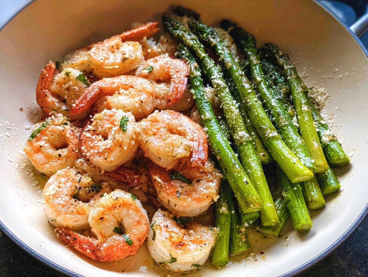 Close-up of Garlic Shrimp and Asparagus Skillet, featuring sautéed shrimp and bright green asparagus topped with Parmesan.