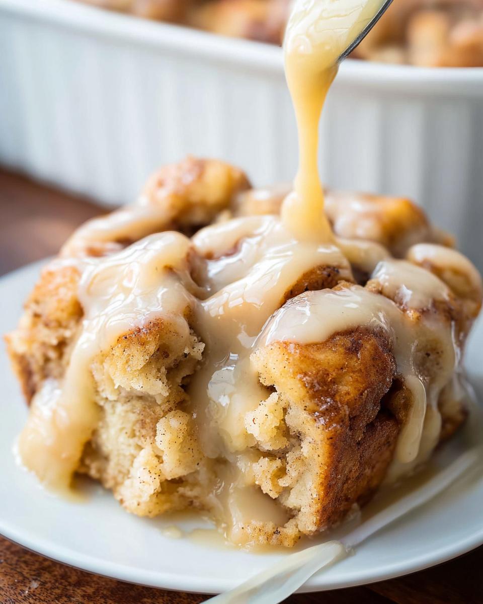 A close-up of Gooey Cinnamon Roll Bread Pudding being drizzled with thick vanilla icing from a spoon.