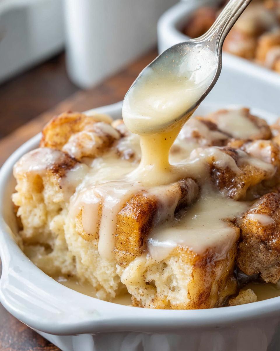A spoon pours thick vanilla glaze over a serving of Gooey Cinnamon Roll Bread Pudding in a white dish.