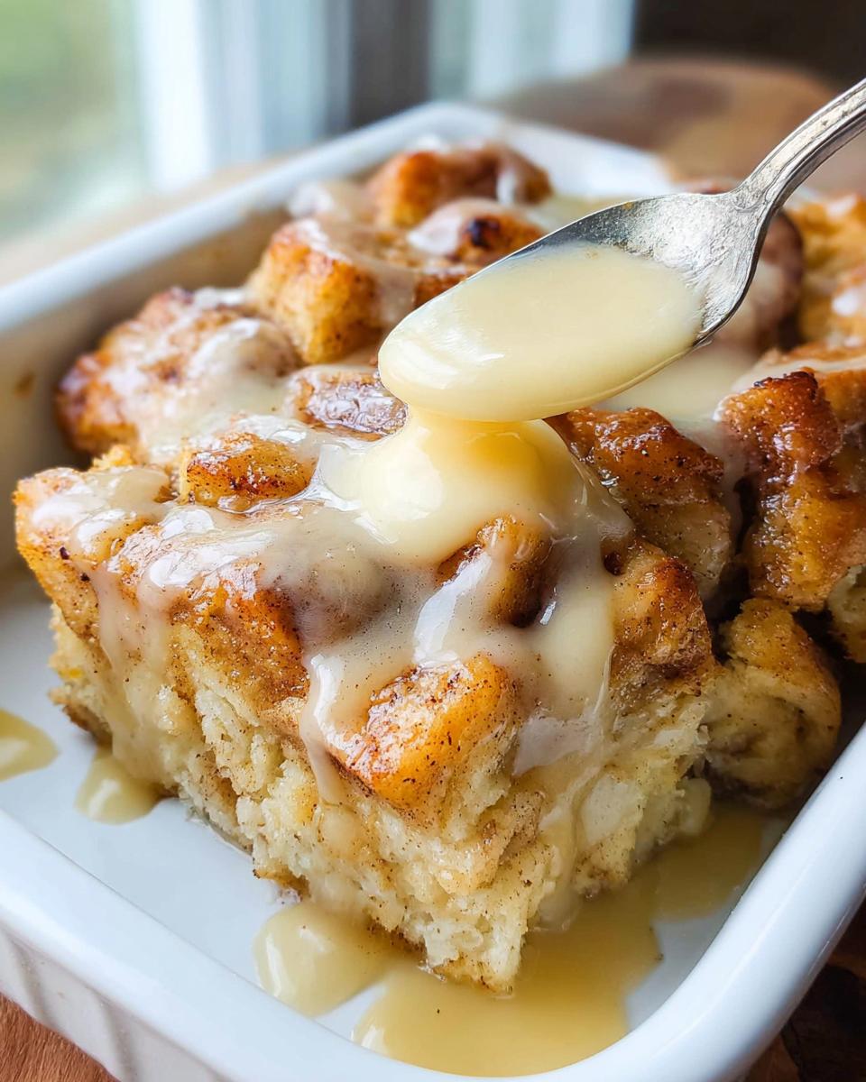 A spoonful of creamy vanilla sauce is poured over a serving of Gooey Cinnamon Roll Bread Pudding in a white dish.
