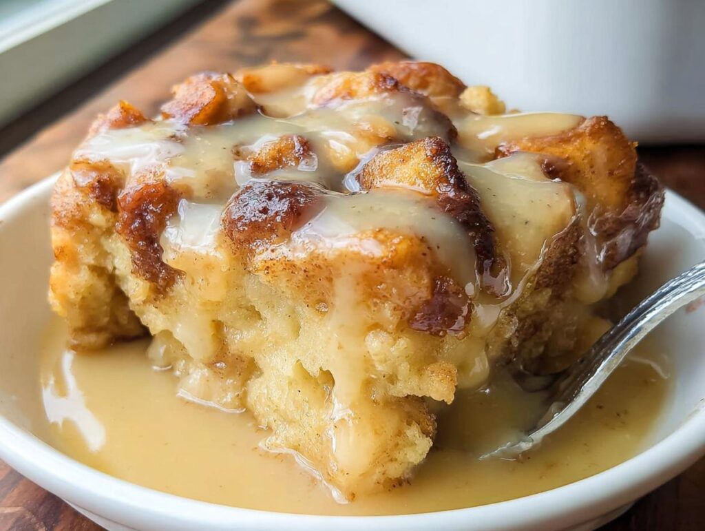 A close-up of a serving of Gooey Cinnamon Roll Bread Pudding drenched in vanilla glaze, with a fork ready to eat.