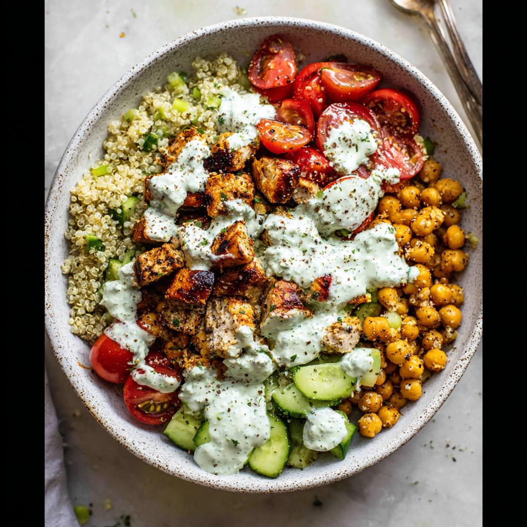 Overhead view of a vibrant Greek Chicken Power Bowls with Tzatziki, featuring seasoned chicken, quinoa, chickpeas, tomatoes, and cucumber.