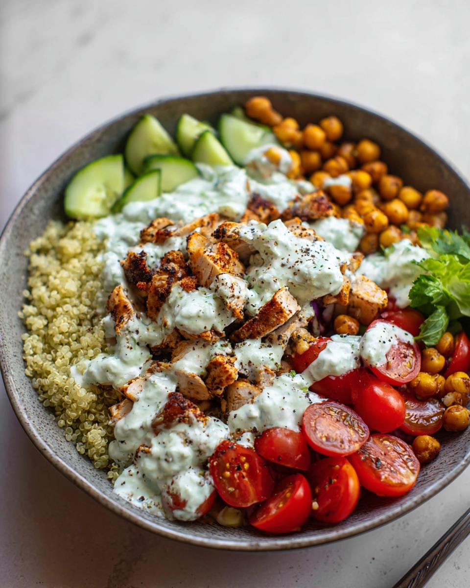 Close-up of vibrant Greek Chicken Power Bowls with seasoned chicken, quinoa, tomatoes, cucumbers, and creamy tzatziki sauce.