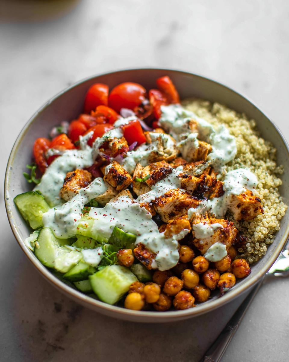Close-up of a vibrant Greek Chicken Power Bowl featuring seasoned chicken, quinoa, cucumbers, tomatoes, and drizzled with tzatziki sauce.