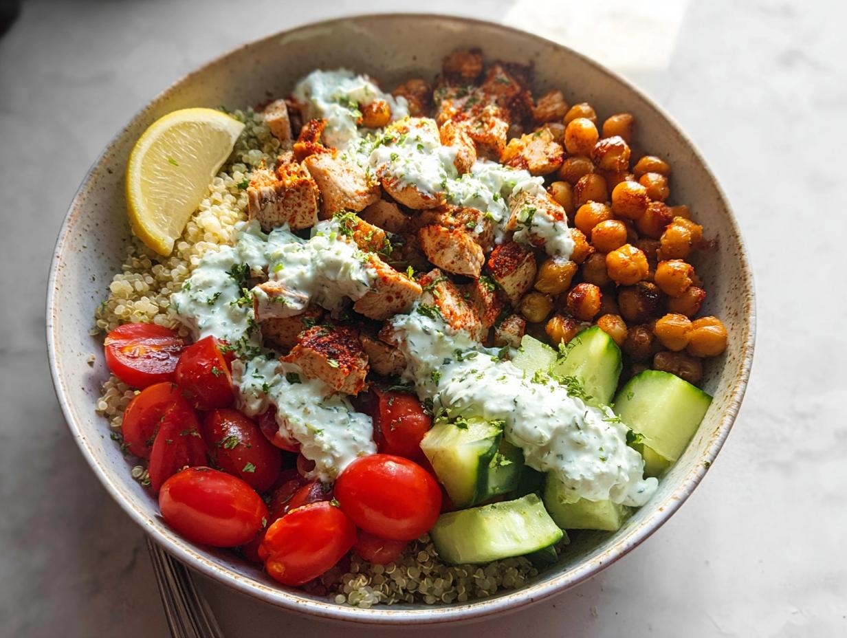 A vibrant bowl featuring seasoned chicken, quinoa, chickpeas, tomatoes, cucumber, and a generous drizzle of tzatziki sauce for Greek Chicken Power Bowls.