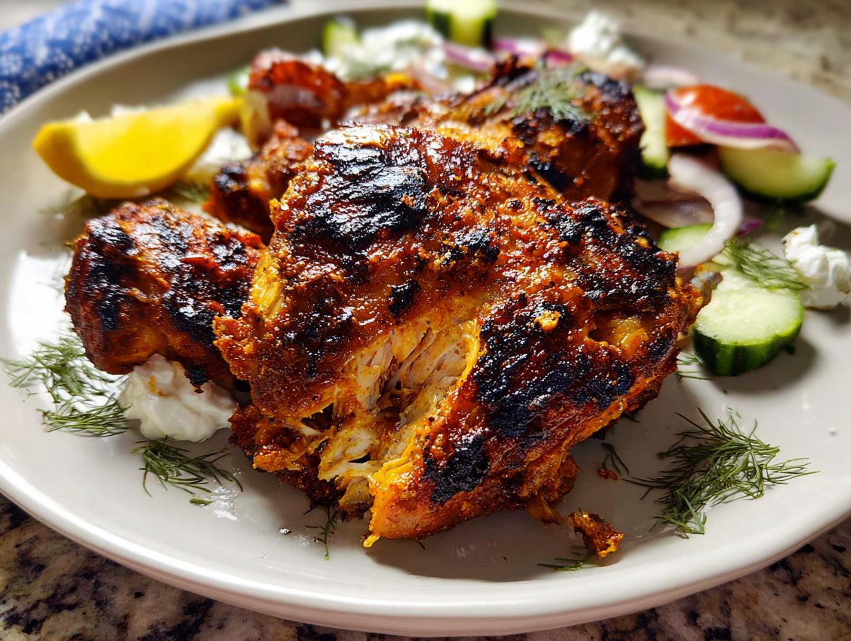 Close-up of perfectly charred Greek Yogurt Marinated Chicken Thighs, served with tzatziki, cucumber, and lemon.