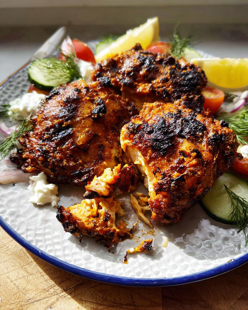 Close-up of three charred Greek Yogurt Marinated Chicken Thighs served with cucumber, tomato, and feta.