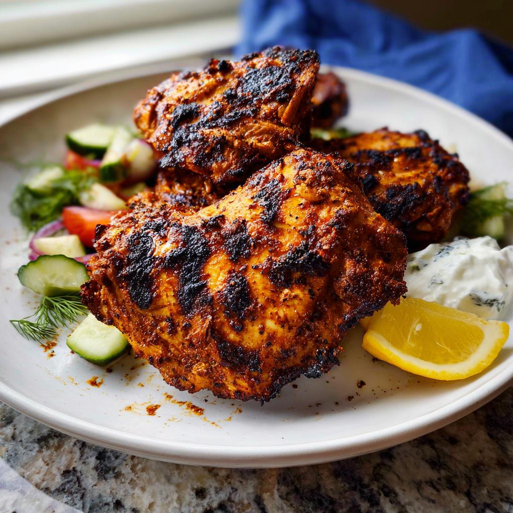 Close-up of grilled Greek Yogurt Marinated Chicken Thighs served with tzatziki, cucumber salad, and a lemon wedge.