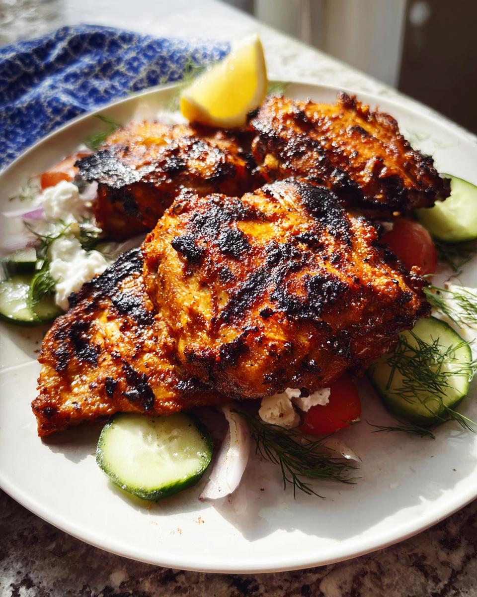 Three charred, juicy Greek Yogurt Marinated Chicken Thighs served on a white plate with cucumber, tomato, and a lemon wedge.