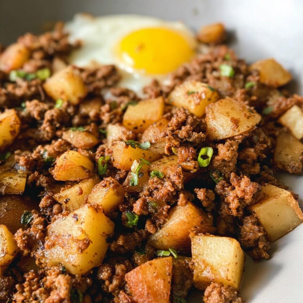 Close-up of a hearty Ground Beef and Potato Hash Skillet topped with a sunny-side-up egg.