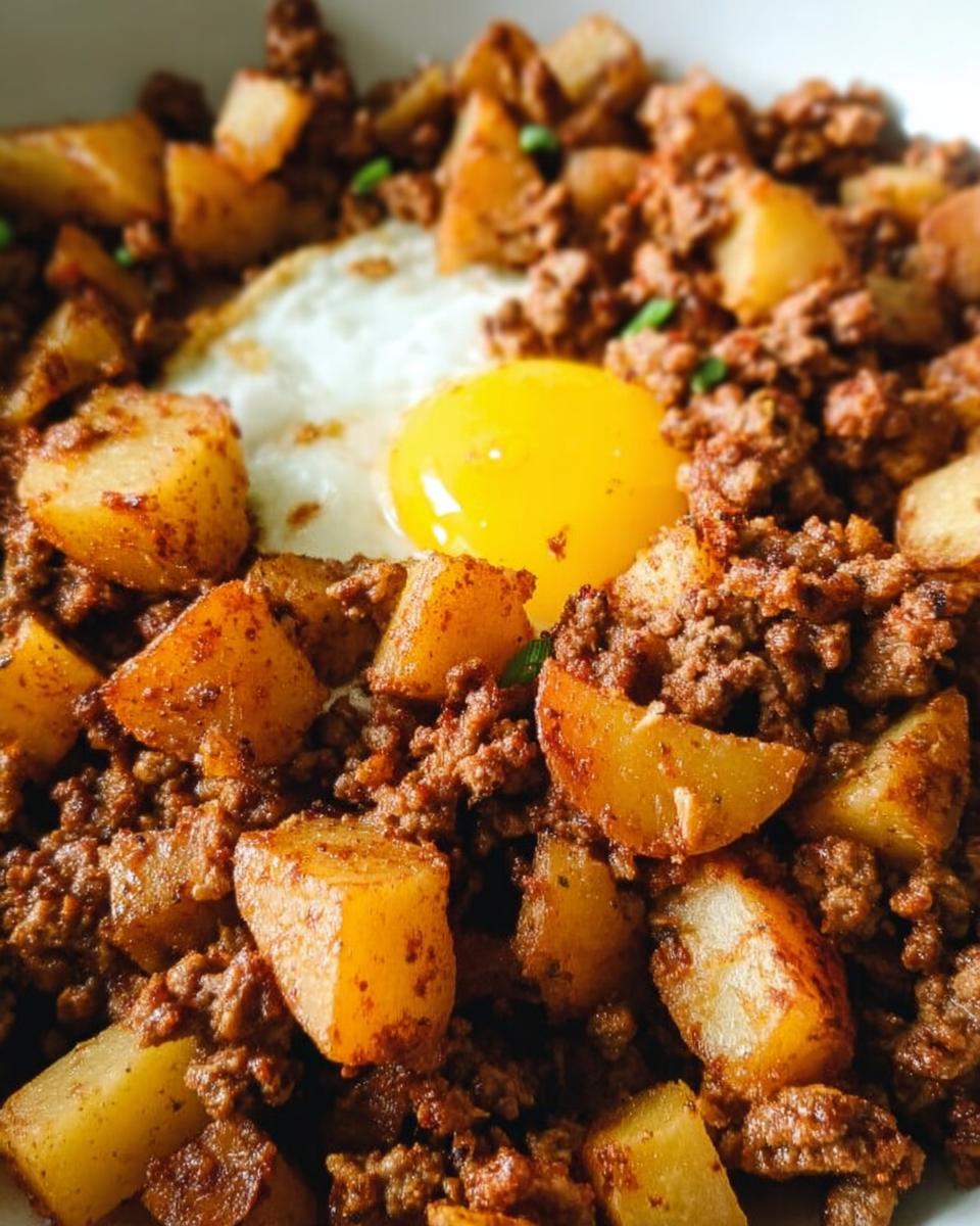 Close-up of a hearty Ground Beef and Potato Hash Skillet topped with a sunny-side-up fried egg.