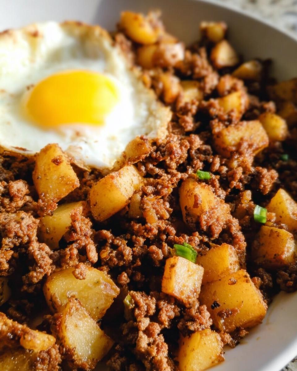 Close-up of a hearty serving of Ground Beef and Potato Hash Skillet topped with a sunny-side-up fried egg.