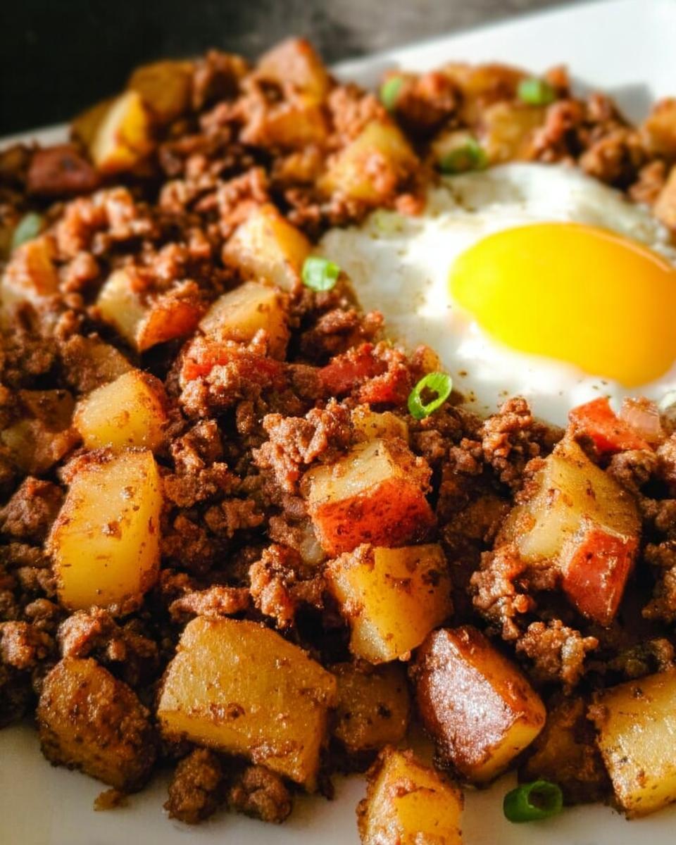 Close-up of a hearty Ground Beef and Potato Hash Skillet served with a sunny-side-up fried egg.