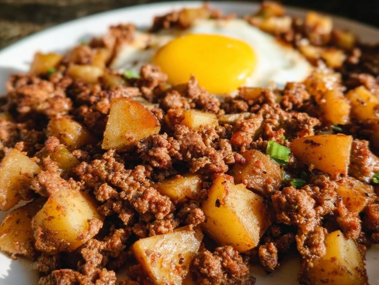 Close-up of a hearty Ground Beef and Potato Hash Skillet topped with a sunny-side-up fried egg.