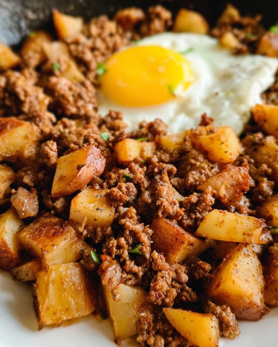 Close-up of a hearty Ground Beef and Potato Hash Skillet topped with a sunny-side-up fried egg.