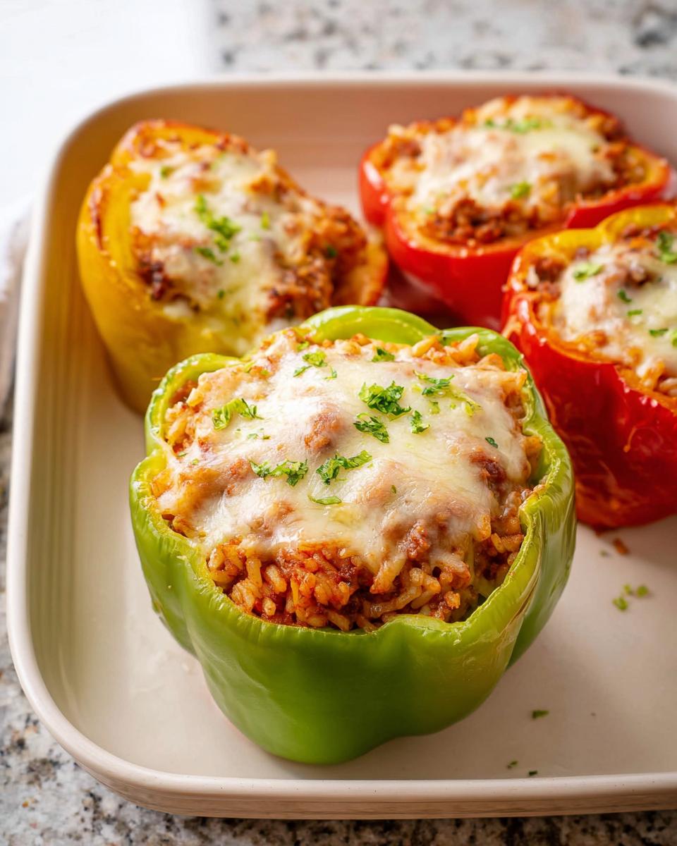 Four baked Ground Beef Stuffed Bell Peppers, topped with melted cheese and parsley, served in a white baking dish.