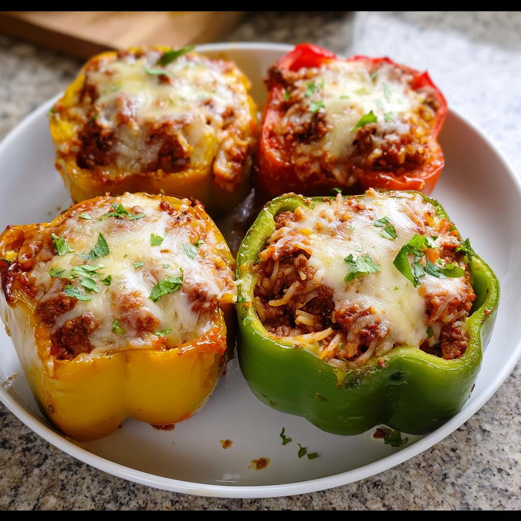Four baked Ground Beef Stuffed Bell Peppers in red, yellow, and green colors, topped with melted cheese and parsley.