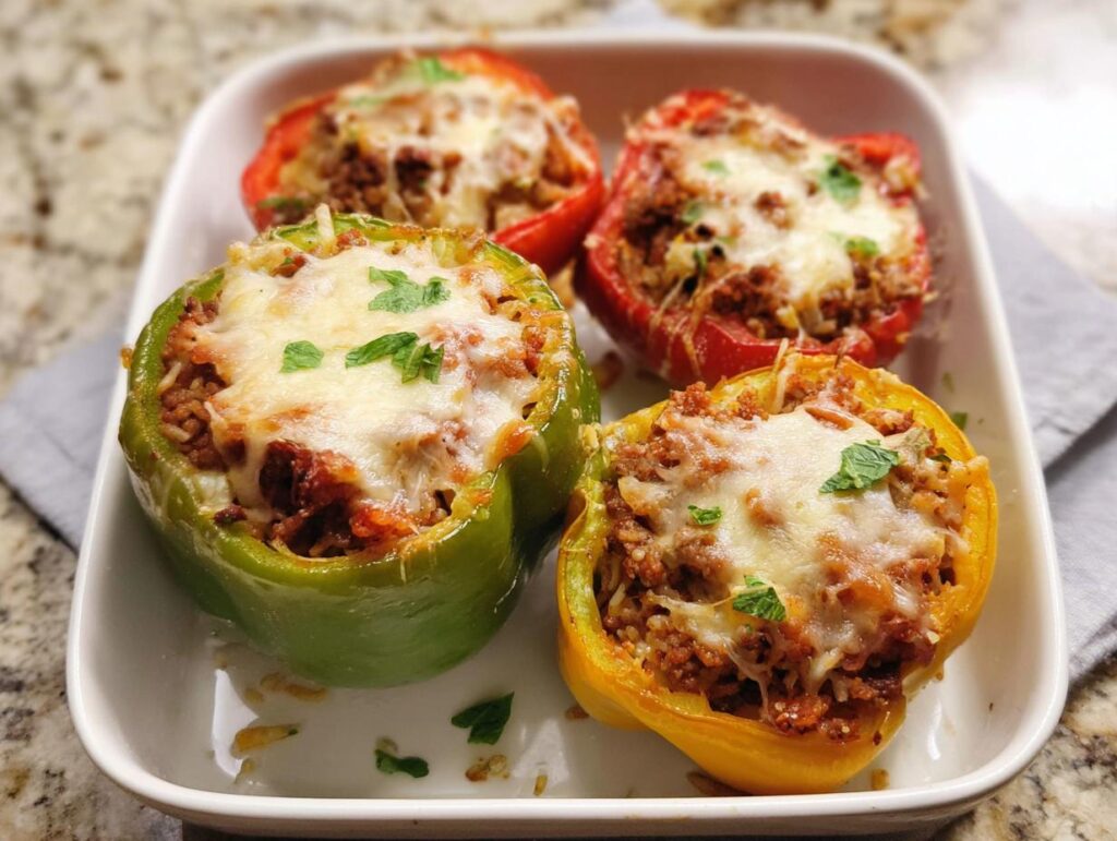 Four colorful Ground Beef Stuffed Bell Peppers topped with melted cheese and parsley, served on a white dish.