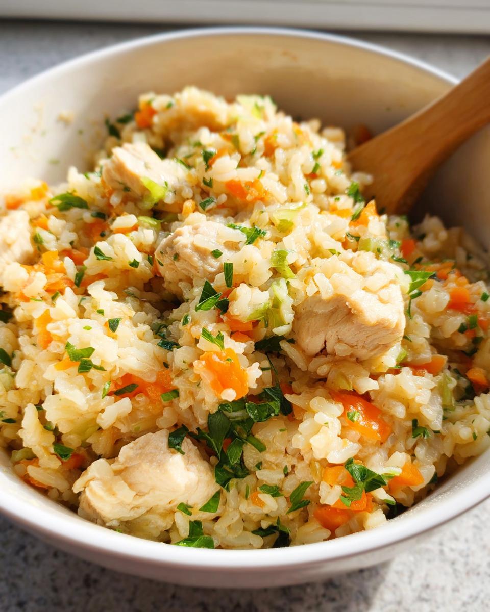 Close-up of a white bowl filled with Healthy One Pot Chicken and Brown Rice mixed with carrots and parsley.