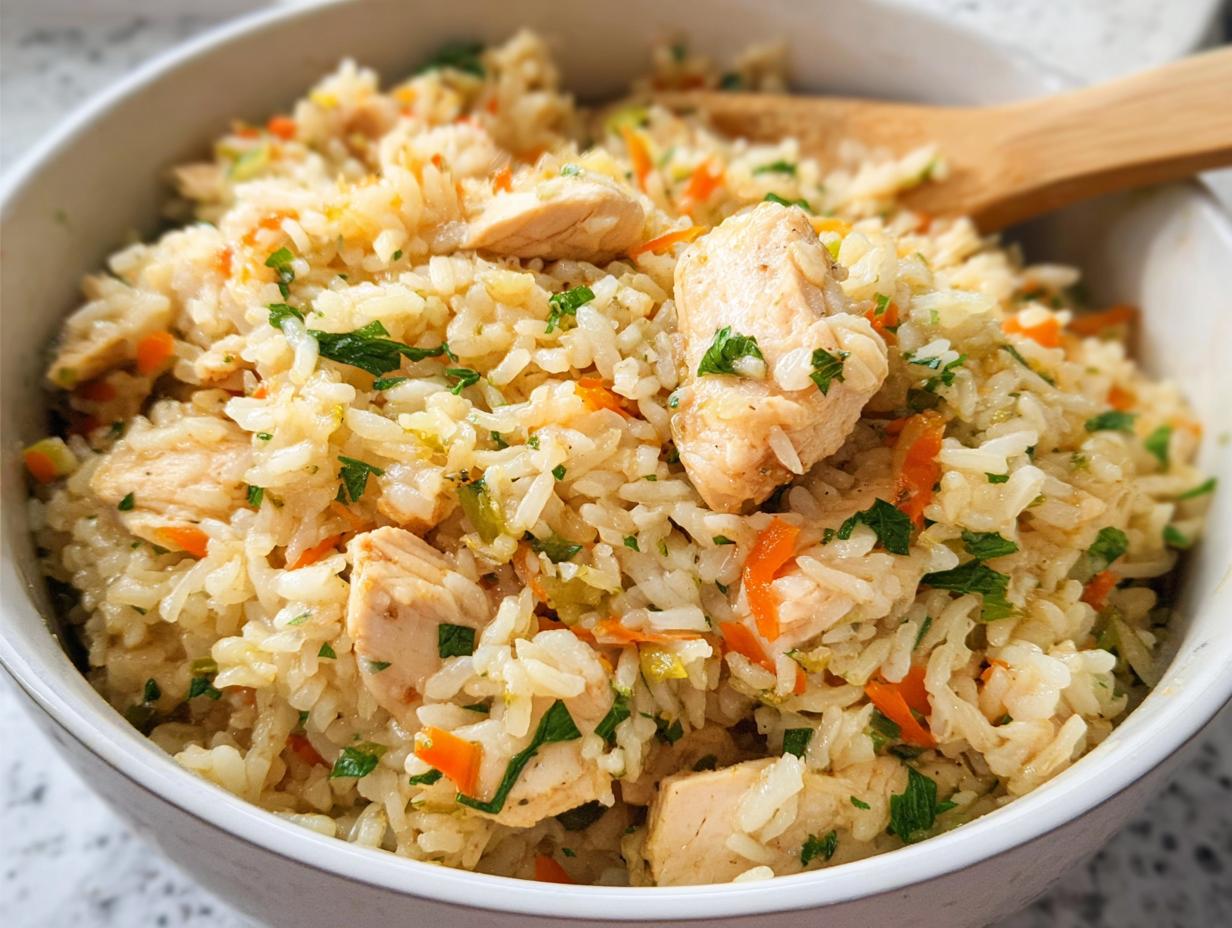 A close-up view of a bowl filled with Healthy One Pot Chicken and Brown Rice, mixed with carrots and parsley.