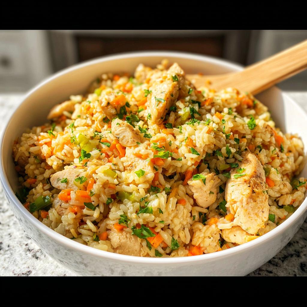 A white bowl filled with Healthy One Pot Chicken and Brown Rice mixed with carrots and garnished with parsley.
