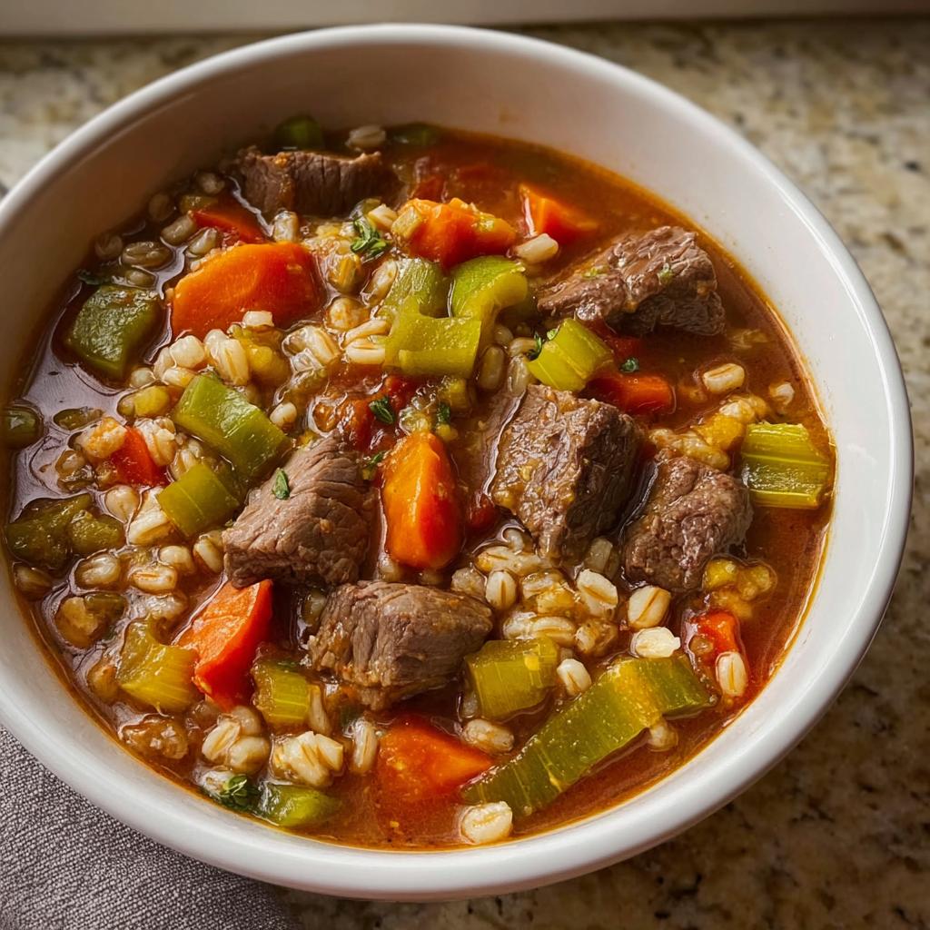 Close-up of a bowl filled with Hearty Beef and Vegetable Barley Soup, showing chunks of beef, carrots, celery, and barley in a rich broth.