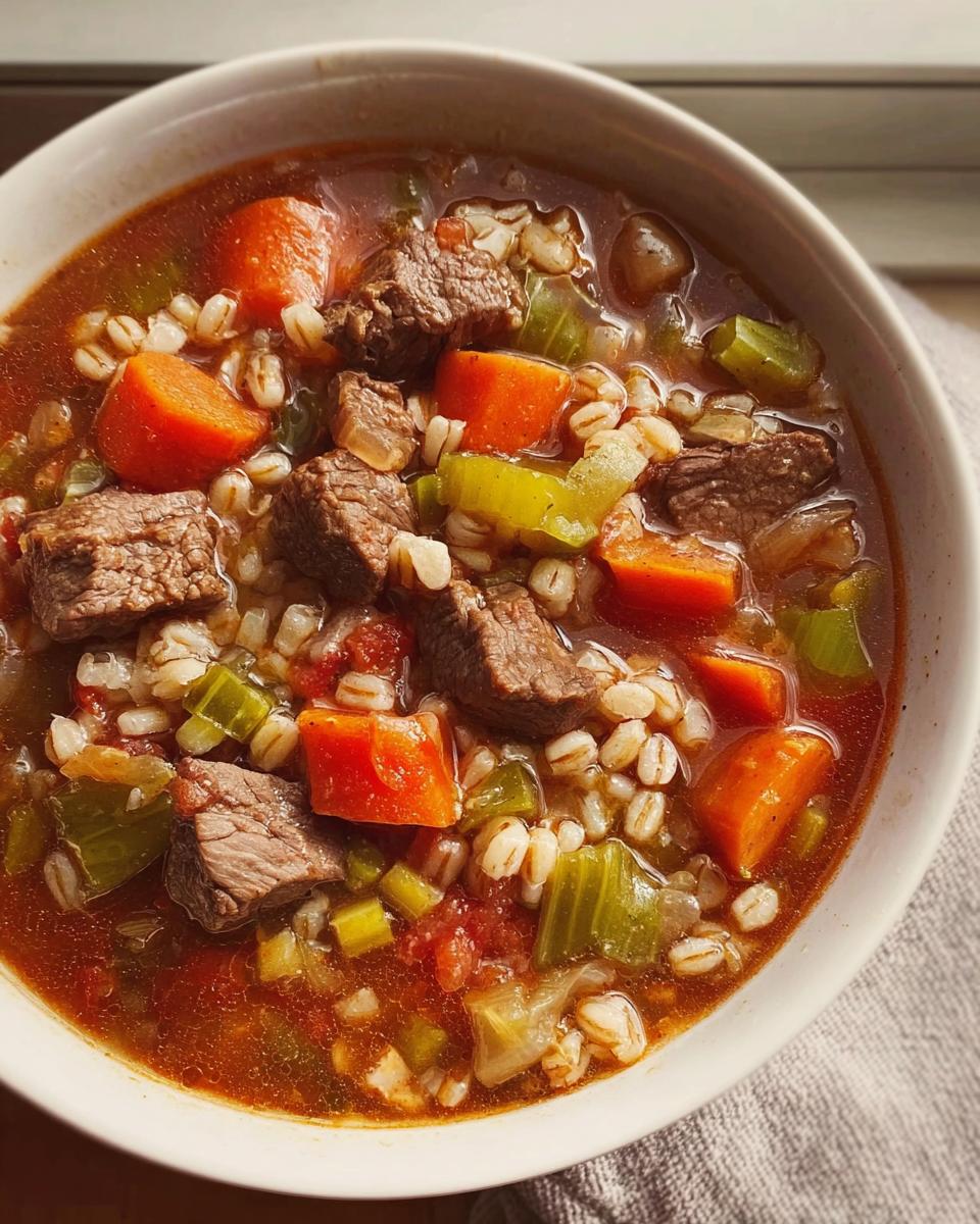 A close-up view of a steaming bowl of Hearty Beef and Vegetable Barley Soup, showing chunks of beef, carrots, celery, and barley.